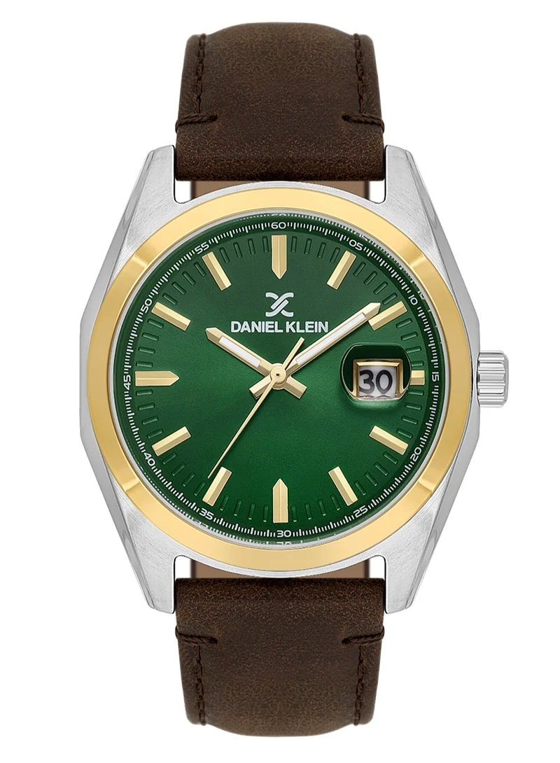 DANIEL KLEIN Men's Leather Silver and Gold Alloy Case Analog Dark Green Round Sunray Dial Japanese Quartz Premium 50 Meters Water Resistant